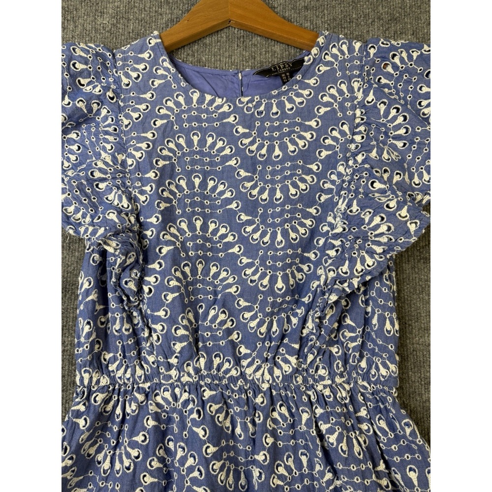 Lipsy London Blue Eyelet Lace Dress Women's Size 6 Flutter Sleeve Cotton - Picture 2 of 12